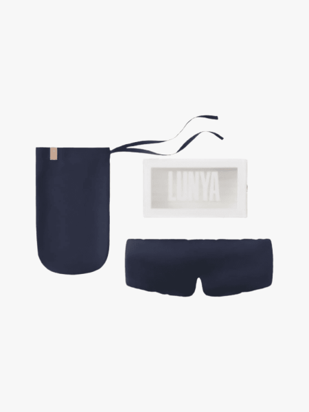  Lunya Washable Silk Sleep Mask in multiple branded components on a light gray background
